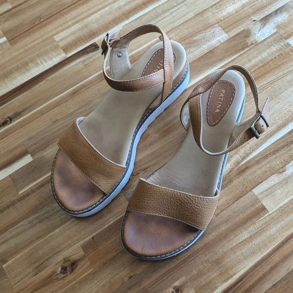 Patina Tan Pebbled Leather Platform Wedge Sandals Ankle Strap Womens 9.5
